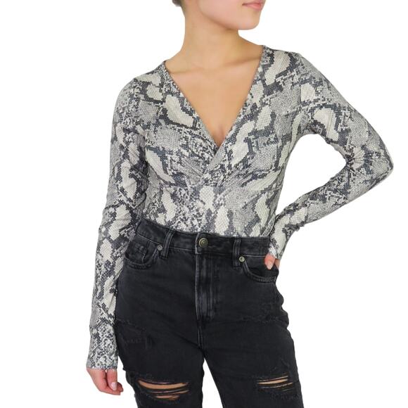 H&M Gray Snakeskin Python Sexy V-Neck Long Sleeve Body Suit Small - Picture 6 of 7